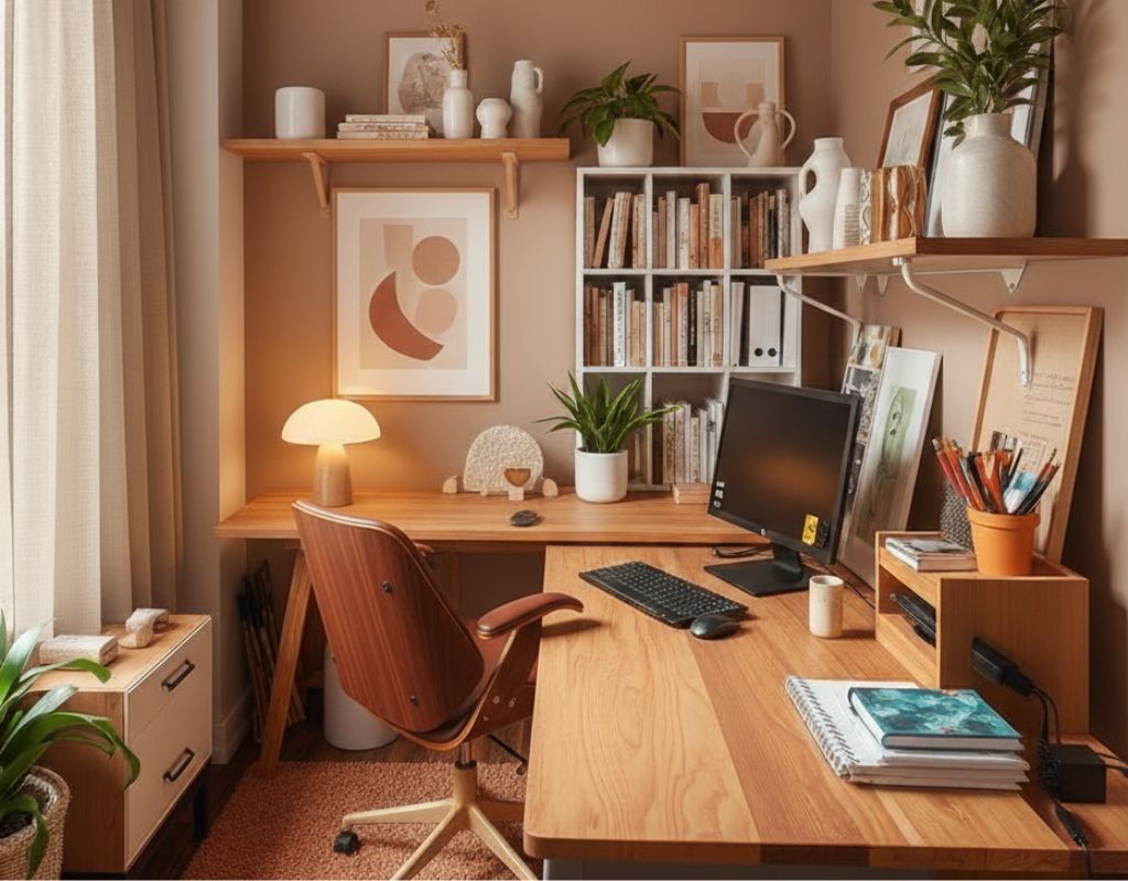 Home office em tons terrosos com mesa de madeira clara, cadeira retrô, luminária de cerâmica, prateleiras com livros e vasos decorativos, plantas verdes e quadro abstrato minimalista na parede bege.