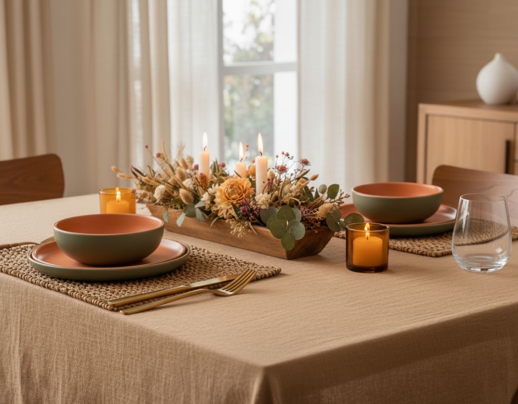 Mesa posta em tons terrosos com louças em terracota e verde oliva, jogo americano de fibras naturais, talheres dourados, arranjo central com flores secas e velas, criando uma decoração aconchegante e elegante para jantar.