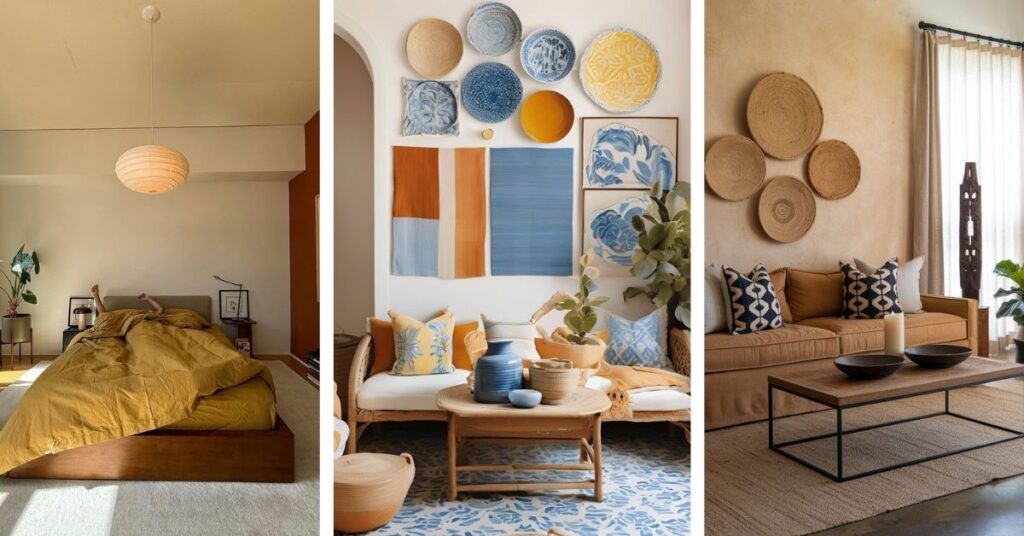 Três ambientes decorados em tons terrosos: quarto japandi com cama de madeira e roupa de cama mostarda; sala mediterrânea com parede branca, almofadas em azul e mostarda e quadros coloridos; sala étnica com sofá caramelo, almofadas estampadas em azul e preto e cestos de palha na parede.
