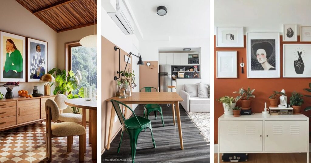 Três ambientes decorados em tons terrosos: sala de jantar retrô com quadros coloridos e móveis de madeira; sala contemporânea com parede bege e cadeiras verdes; sala minimalista aconchegante com parede terracota, quadros em preto e branco e plantas em vasos de barro.