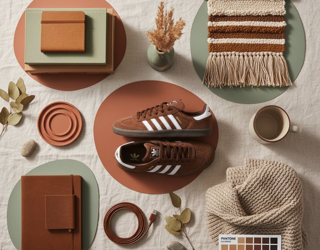 Composição flat lay em tons terrosos com tênis marrom Adidas, caderno de couro, manta bege de tricô, objetos de cerâmica, xícara de café e amostras Pantone em paleta marrom, caramelo e verde oliva.