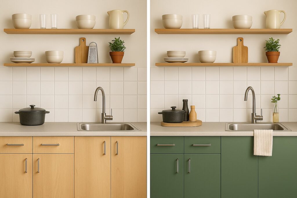 antes-depois-adesivo-vinilico-armario-cozinha Transformação de armários de cozinha com adesivo vinílico verde, criando um visual mais moderno e personalizado.