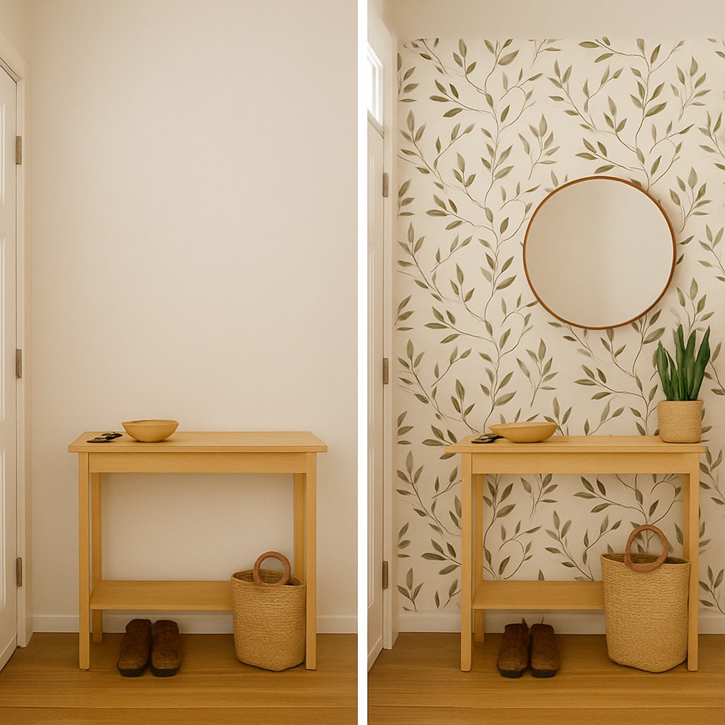 antes-depois-hall-de-entrada-papel-de-parede-folhas Comparativo de hall de entrada antes e depois da aplicação de papel de parede autocolante com estampa de folhas.