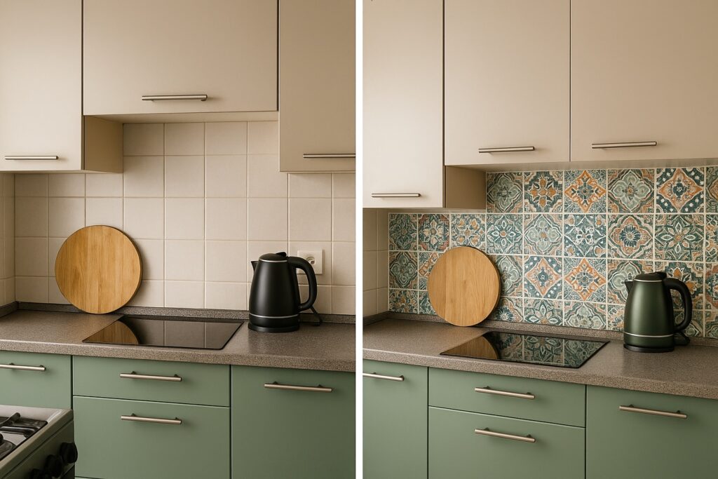 Antes e depois de uma cozinha com adesivo vinílico sobre os azulejos, mostrando a transformação visual com estampa colorida.