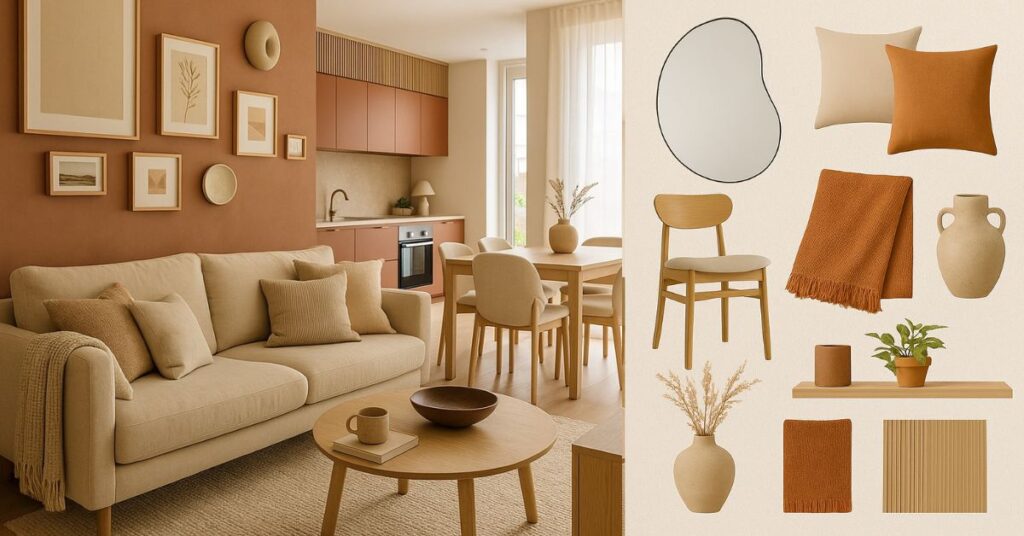 Sala de estar integrada à cozinha em tons terrosos ao lado de moodboard com objetos decorativos como espelho orgânico, manta, vaso e cadeira de madeira clara.