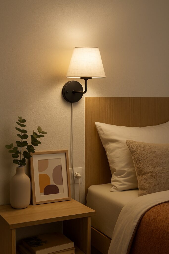 arandela-de-tomada-apartamento-alugado Quarto com arandela de tomada instalada ao lado da cama, oferecendo iluminação aconchegante sem necessidade de obra.