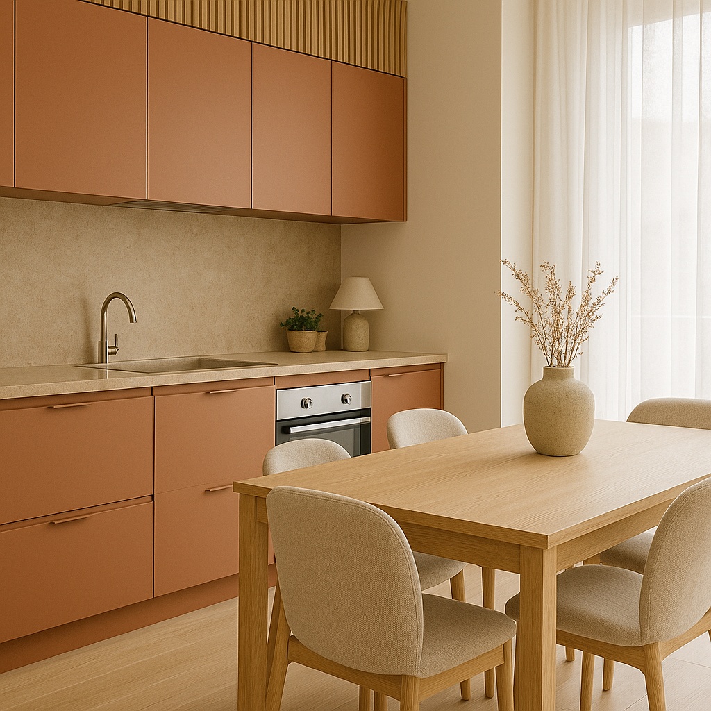 Cozinha integrada à sala de jantar com armários terracota e mesa de madeira clara em apartamento pequeno.