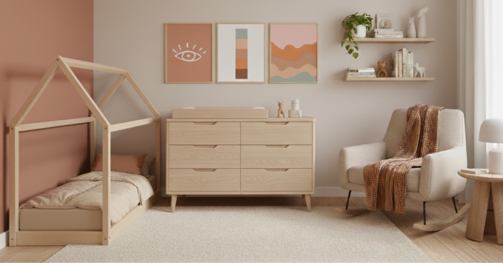 Quarto de bebê em tons terrosos com cama montessoriana de madeira clara, cômoda minimalista, poltrona bege com manta terracota, prateleiras decoradas e quadros coloridos em rosa queimado, caramelo e bege.