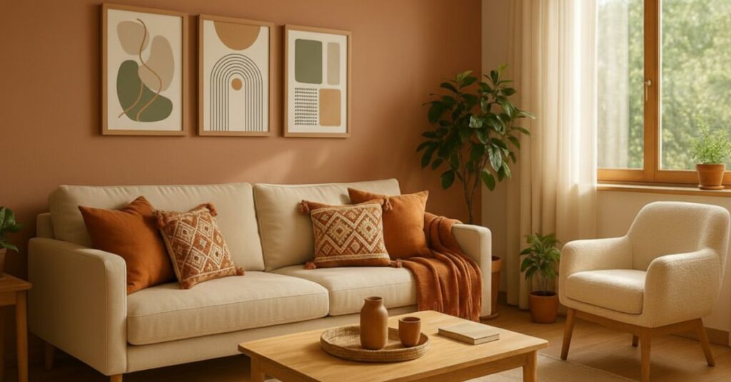 Sala de estar decorada com tons terrosos, sofá bege com almofadas terracota e étnicas, manta em laranja queimado, quadros abstratos na parede marrom clara e plantas verdes próximas à janela.
