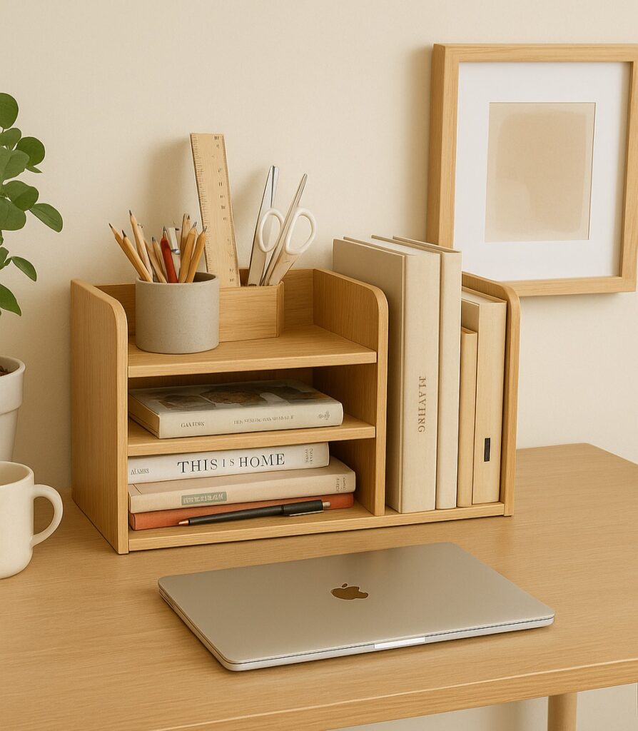 organizador-de-mesa-de-madeira-compacto Organizador de mesa compacto de madeira com livros, lápis, tesouras e itens de papelaria, ideal para escritórios pequenos ou apartamentos alugados.