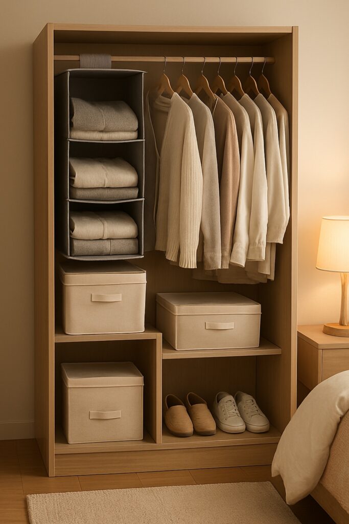 Armário com organizador pendurável para roupas e acessórios, otimizando o espaço vertical sem precisar de móveis planejados.