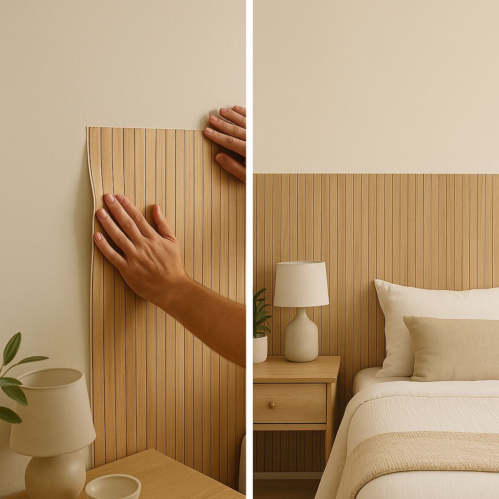 decorar-apartamento-alugado-papel-parede-ripado-cabeceira Mãos aplicando papel de parede autocolante com efeito ripado em meia parede atrás da cama, solução prática para decorar apartamento alugado sem reformas.
