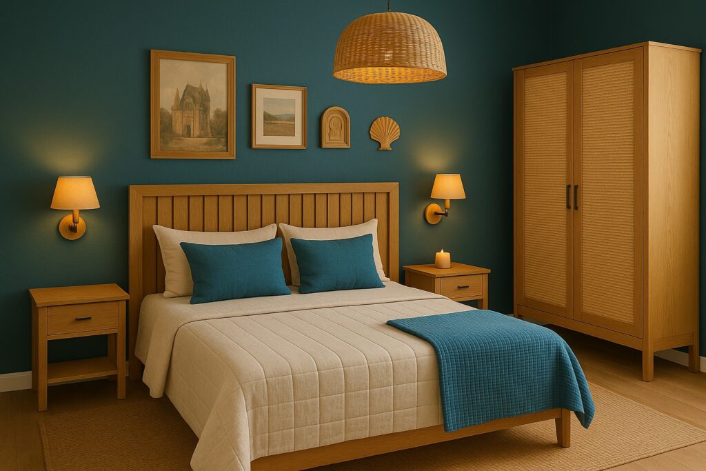 Quarto de casal com parede azul escura, móveis de madeira e roupas de cama em tons areia.