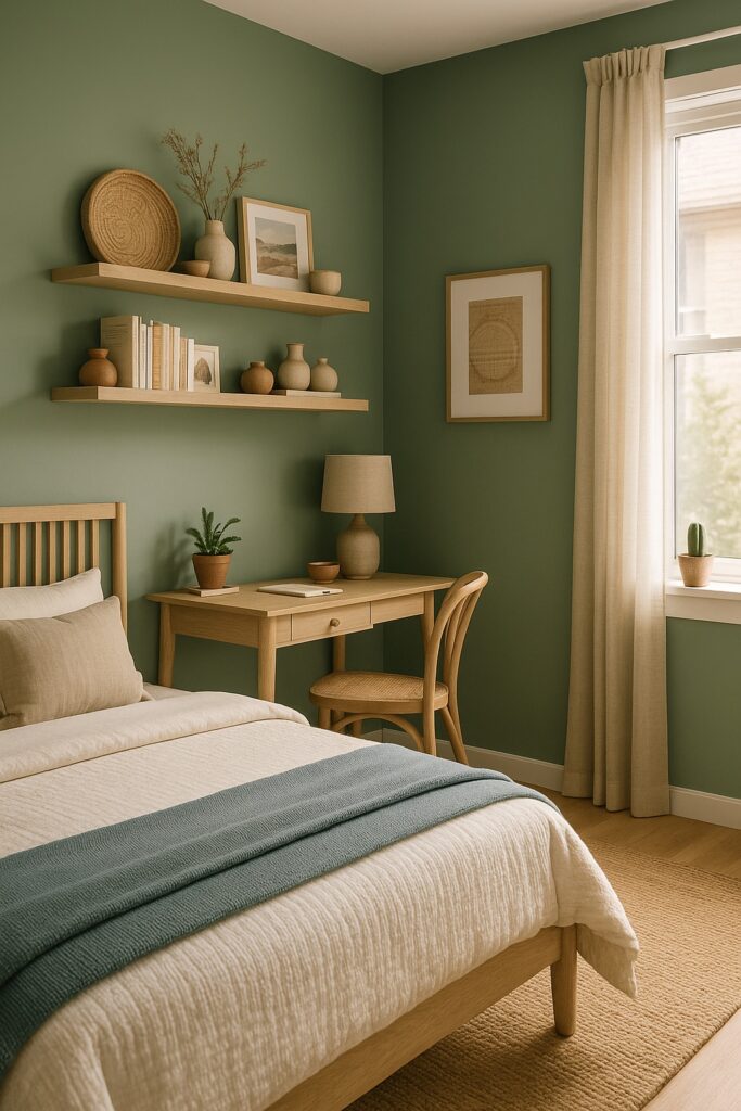 Quarto verde com cama, escrivaninha de madeira clara e prateleiras com objetos decorativos afetivos.