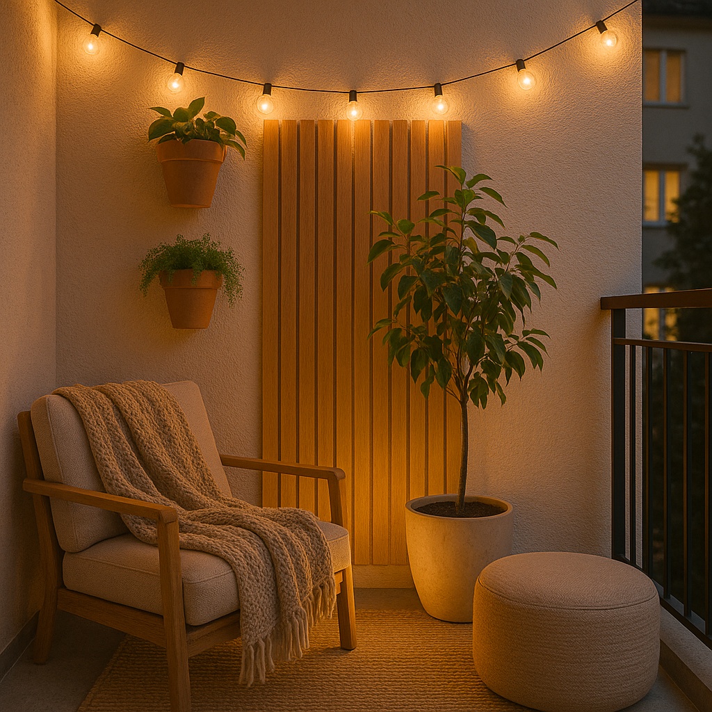 Sacada pequena com cadeira de madeira, plantas e iluminação com luzes de corda.