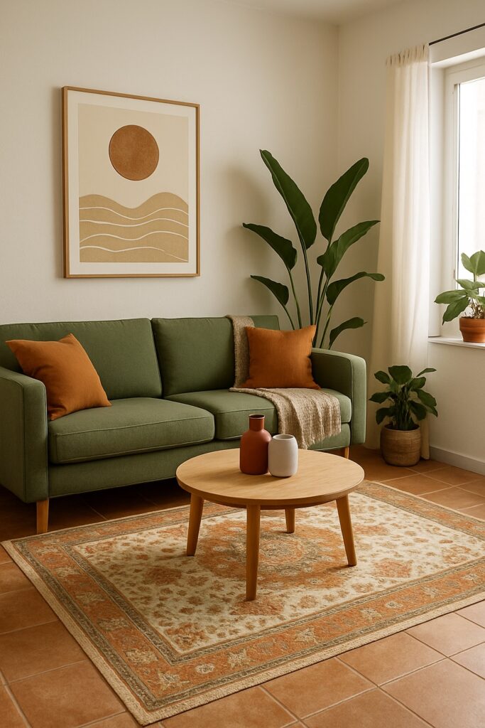 tapete-transformando-piso-apartamento-alugado Sala de estar com sofá verde e tapete decorativo que cobre piso de cerâmica antigo, criando ambiente aconchegante.