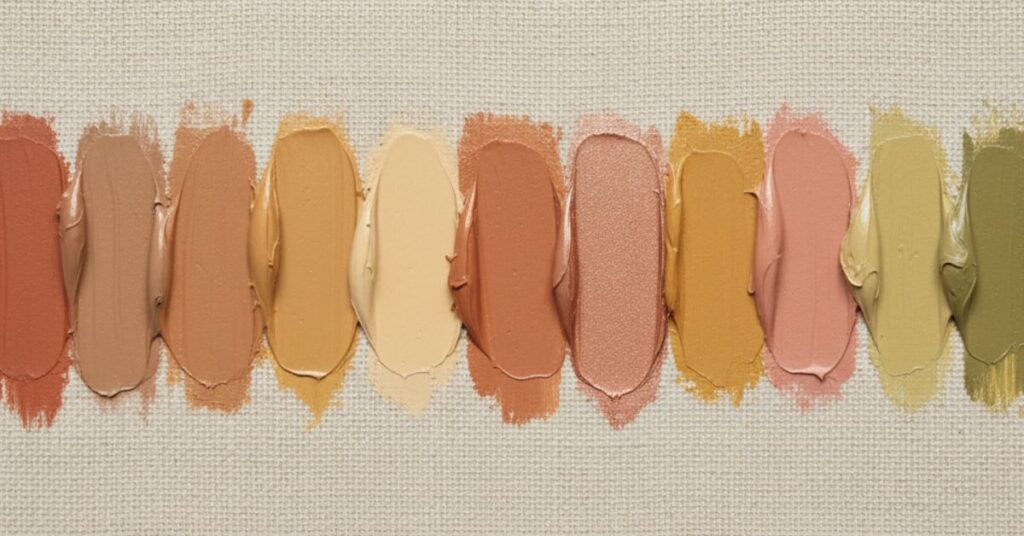 Paleta de tons terrosos, terracota, caramelo, argila, bege, areia, verde oliva, rose.