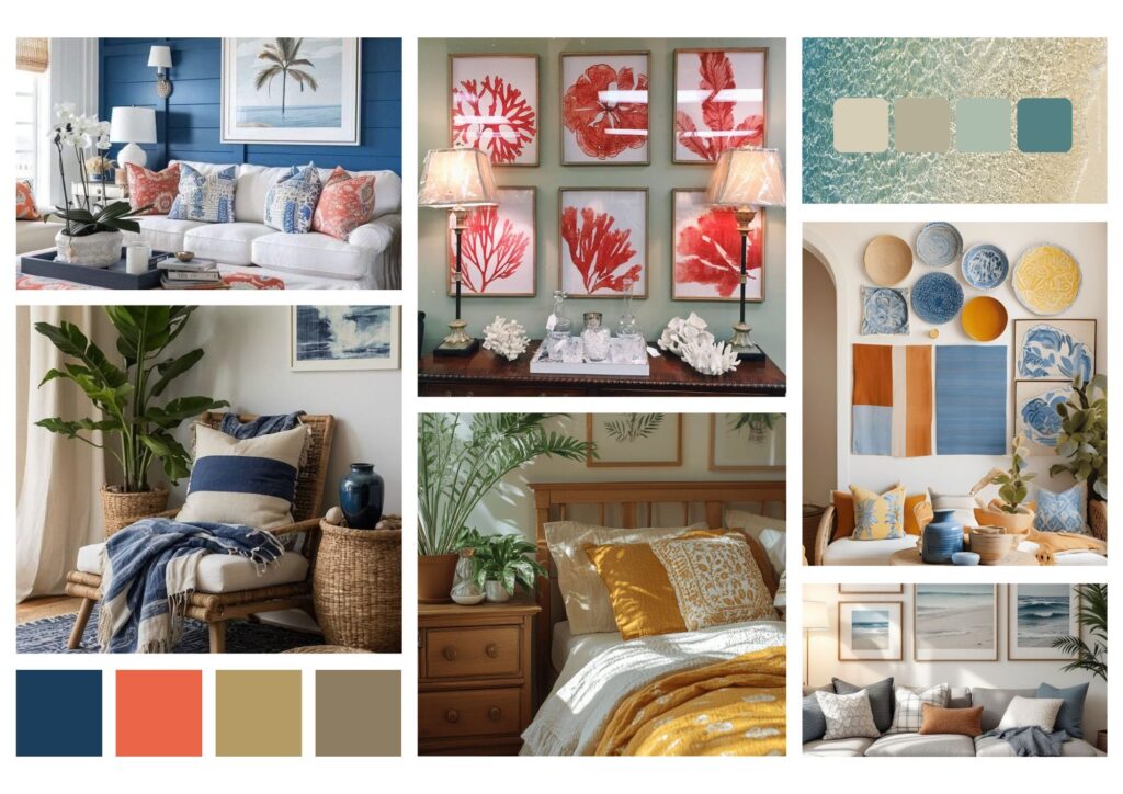 Moodboard de paleta de cores para casa de praia com tons de azul, coral, bege, areia e dourado aplicados em ambientes decorados.