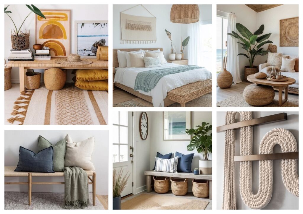 Ambientes com decoração de casa de praia usando texturas naturais como palha, juta, madeira clara e corda, com móveis simples, almofadas neutras e estilo aconchegante e funcional.