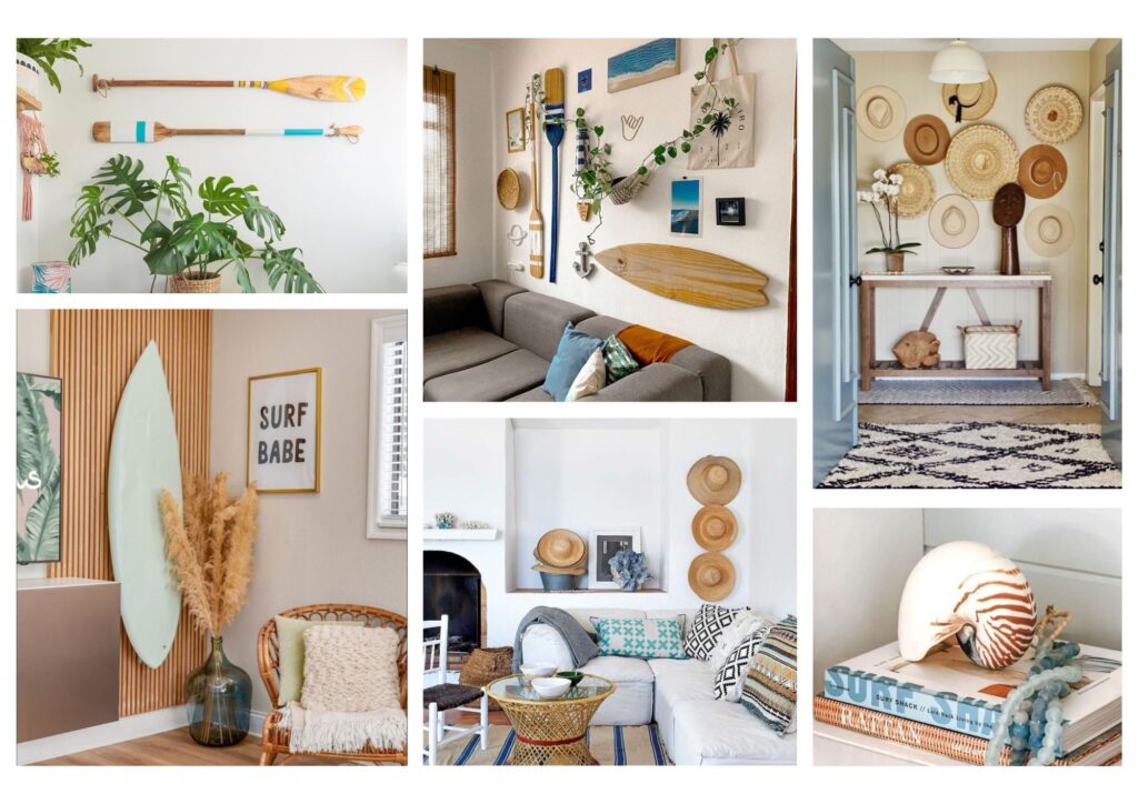 Ideias de decoração de casa de praia usando objetos praianos como pranchas de surf, remos, chapéus de palha e conchas aplicados na parede e nos móveis, criando um ambiente descontraído, funcional e cheio de personalidade.