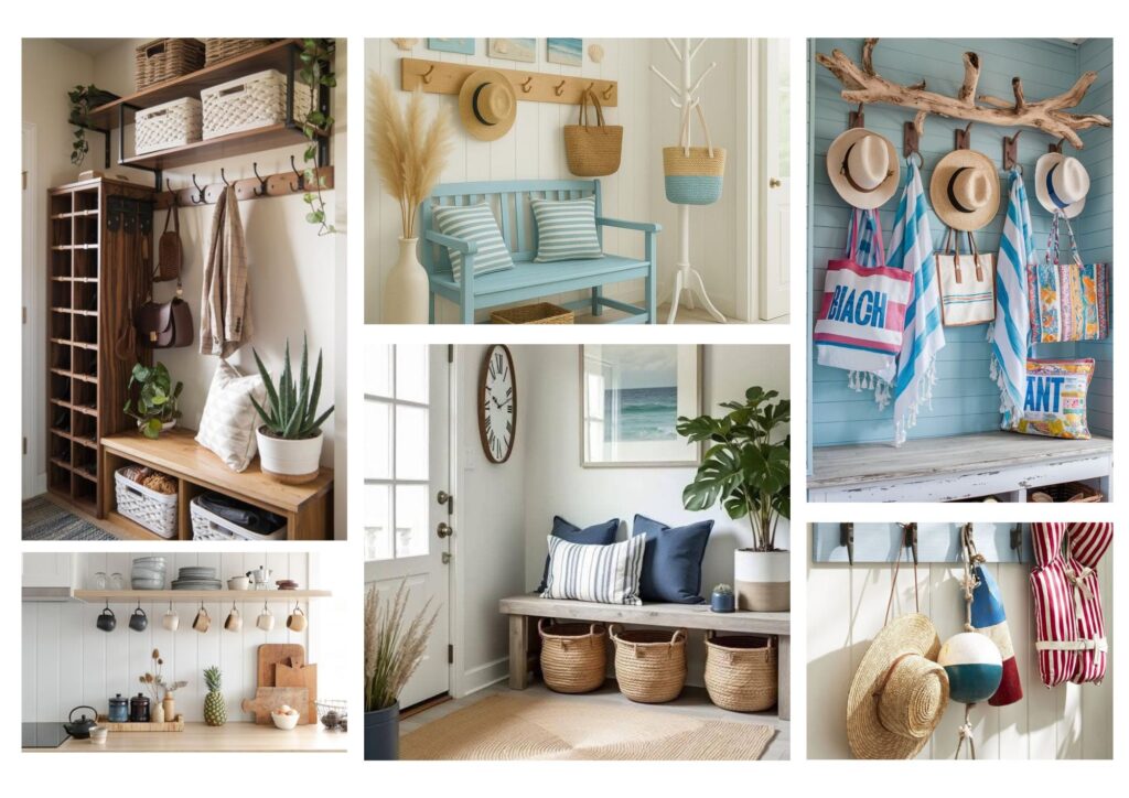 Ideias de organização para casa de praia com ganchos de parede, bancos com cestos, prateleiras abertas e espaços para pendurar chapéus, bolsas e itens de praia, mantendo o ambiente prático, bonito e fácil de manter.