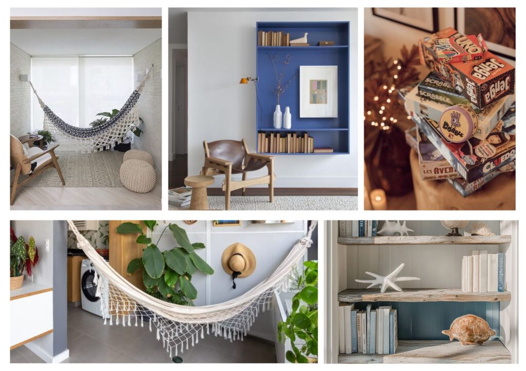 Espaços de descanso em casa de praia com redes, cantinho de leitura, livros, plantas e elementos naturais, criando ambientes acolhedores para relaxar, desacelerar e se reconectar.