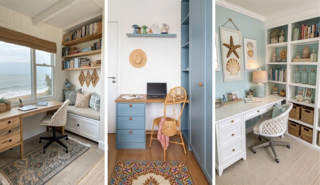 Ideias de home office em casa de praia com mesa simples, cadeira confortável, estantes com livros e objetos decorativos, cores claras e vista para o mar, criando um espaço funcional e aconchegante para trabalho remoto.
