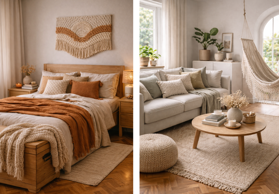 Sala de estar e quarto com decoração monocromática em tom sobre tom, usando tons de verde sálvia e caramelo, piso de tacos de madeira, sofá com rede, quarto aconchegante com baú aos pés da cama, manta e tapeçaria decorativa, criando um ambiente moderno, acolhedor e elegante.