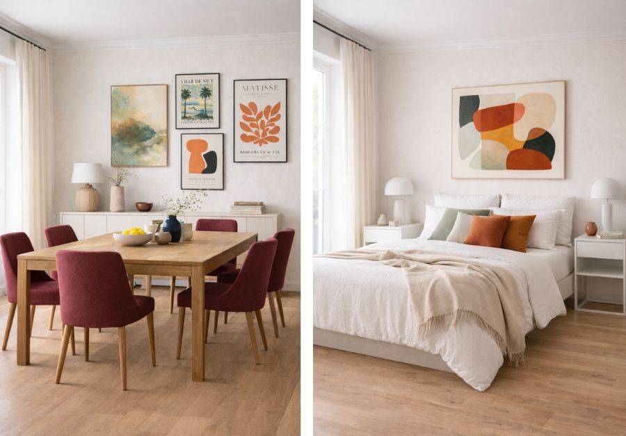 branco-como-base-cor-com-intencao-sala-de-jantar-quarto Sala de jantar e quarto contemporâneos com base em branco quente, móveis claros, cadeiras bordô e arte contemporânea jovem, onde a cor aparece de forma pontual e intencional, criando ambientes elegantes, calmos e bem iluminados.