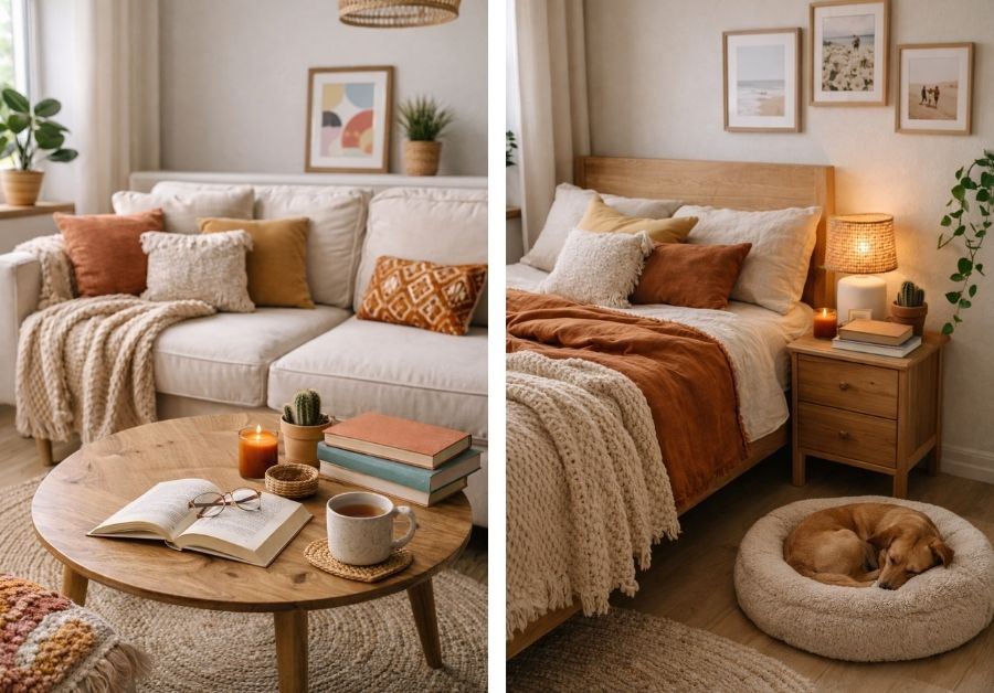 lived-in-home-decoracao-quarto-e-sala-acolhedores-tendências-2026 Sala e quarto com decoração lived-in home em estilo boho moderno, com livros abertos, caneca de chá, mesa de centro em madeira, cama aconchegante com mantas em tons quentes, mesa de cabeceira decorada e cama de cachorro, criando um ambiente acolhedor e vivido.