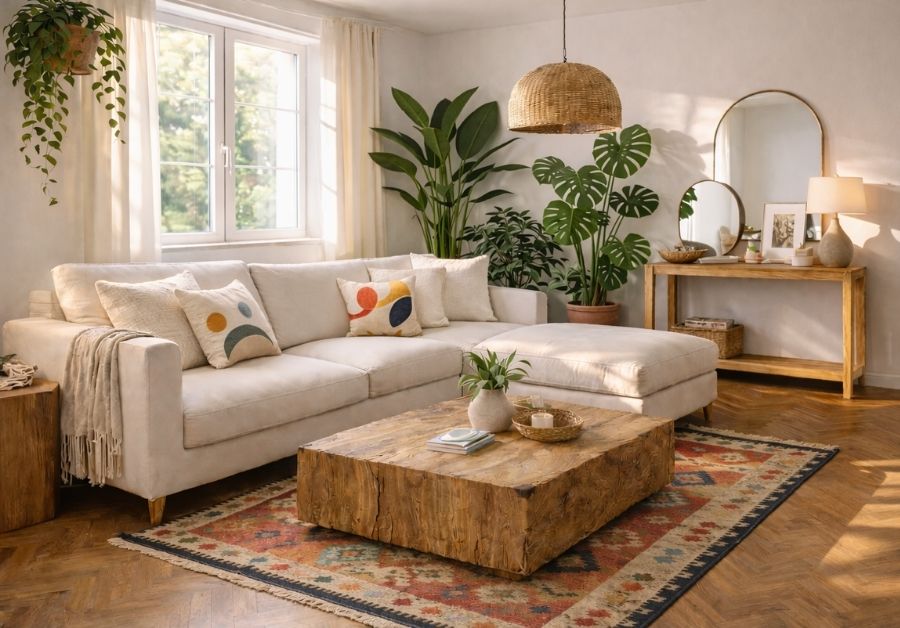 sala-apartamento-antigo-luz-natural-decoracao-2026 Sala de estar em apartamento antigo reformado, com piso de tacos, sofá em L claro, tapete kilim indiano, mesa de centro rústica, plantas de folhas grandes e luz natural entrando pela janela, criando um ambiente acolhedor e contemporâneo.